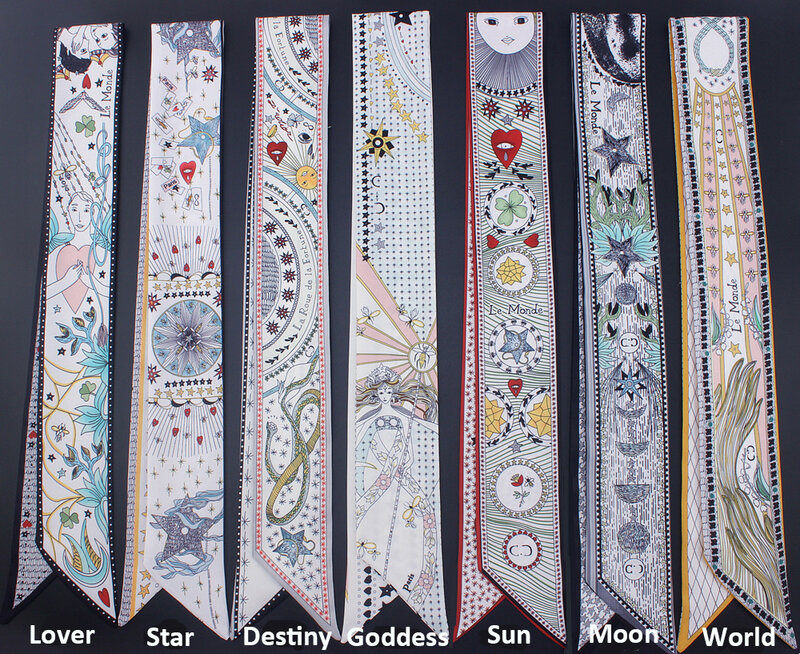 Kostenloser Versand Tarot Dame Schal Dünne 7 Design Silk Twilly Heißer Verkauf Frauen Krawatte zu Haar Tasche und Handgelenk