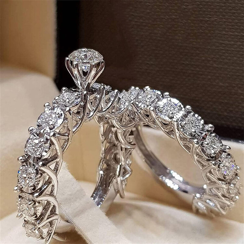 2 Buah Cincin Berlian Imitasi Penuh Elegan Perhiasan Aloi Sederhana Aksesori Harian Cincin Hadiah Kepribadian untuk Anak Perempuan Wanita
