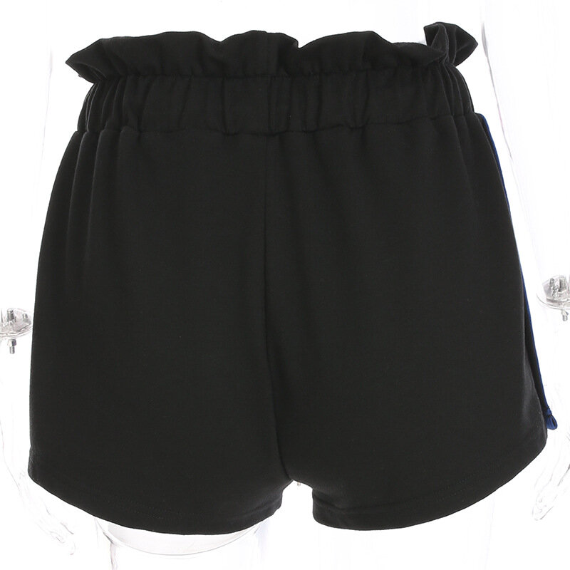 Pantalones cortos con botones laterales para mujer, Shorts de cintura alta, elásticos, de retales, color negro, gran oferta, 2021