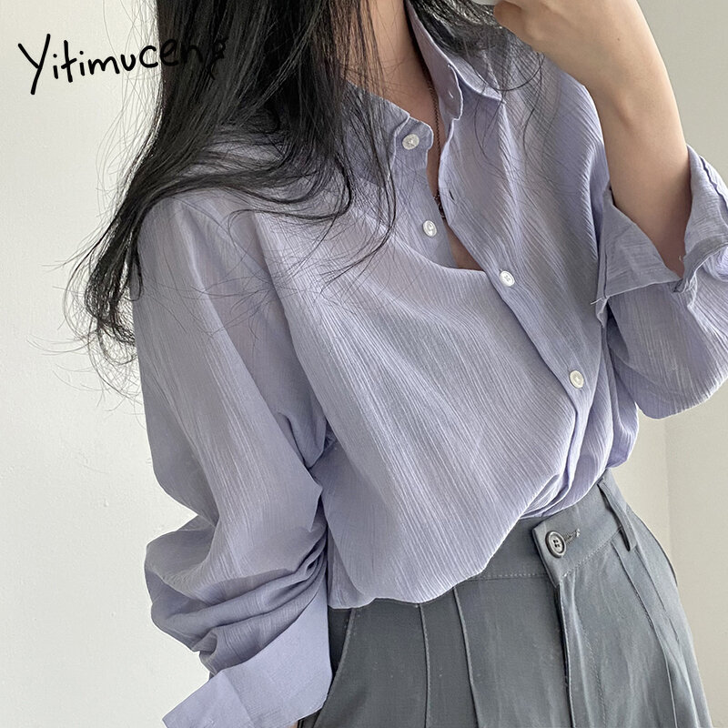 Yitimuceng Shirt Women Oversize Casual Streetwear Tops Korean Fashion Straight Blouse White Blue Gray Long Sleeve 2021 Summer