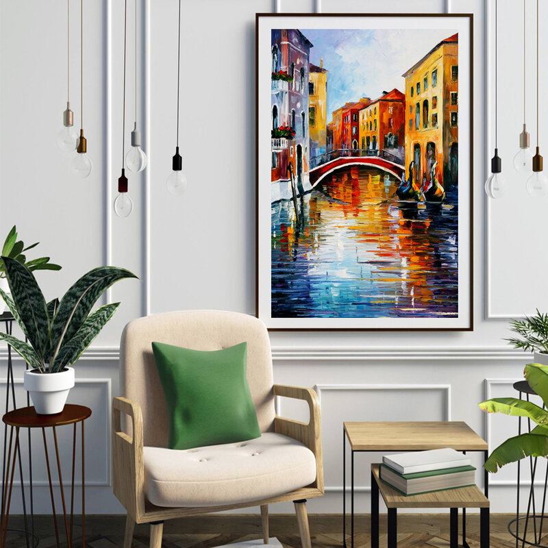 Nordic landscape oil painting River Bridge ship abstract art oil painting living room corridor office home decoration mural