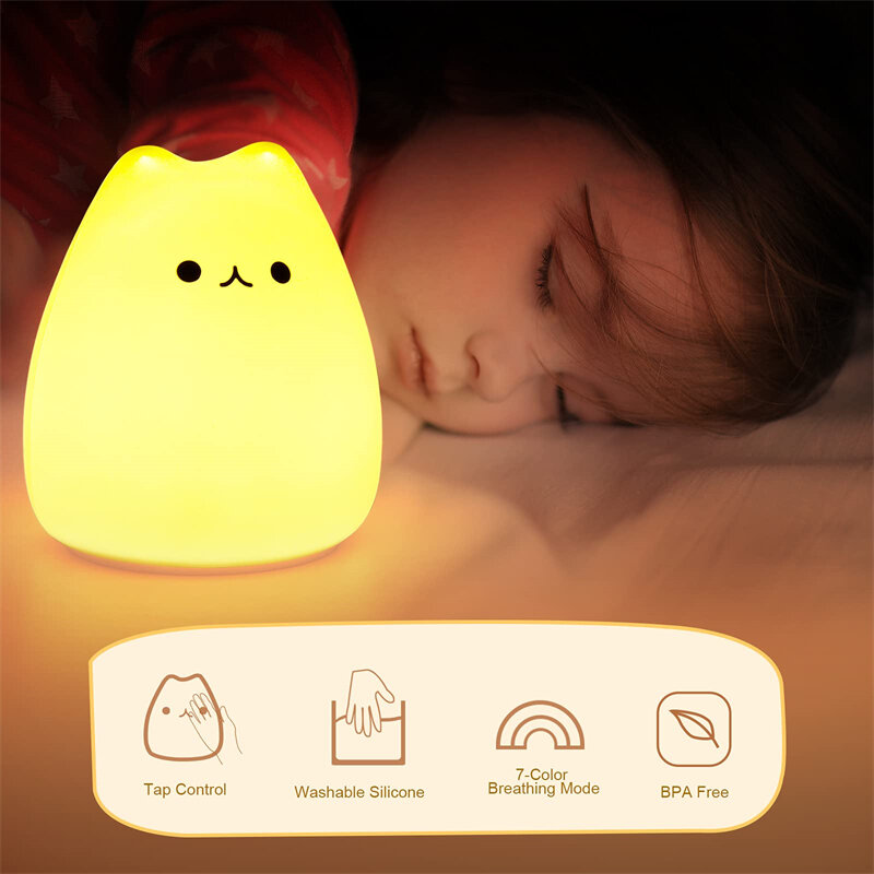 LED Cat Night Light Battery Powered Silicone Cute Cats Nursery Lamp with 7-Color Modes for Children Birthday Gifts Room Decor