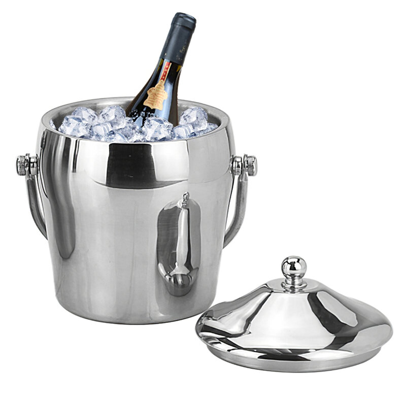 2.0L Ice Bucket Double-Wall Stainless Steel Polished Ice Bucket With Lid Tong Handle Kitchen Home Bar Chilling Beer Champagne