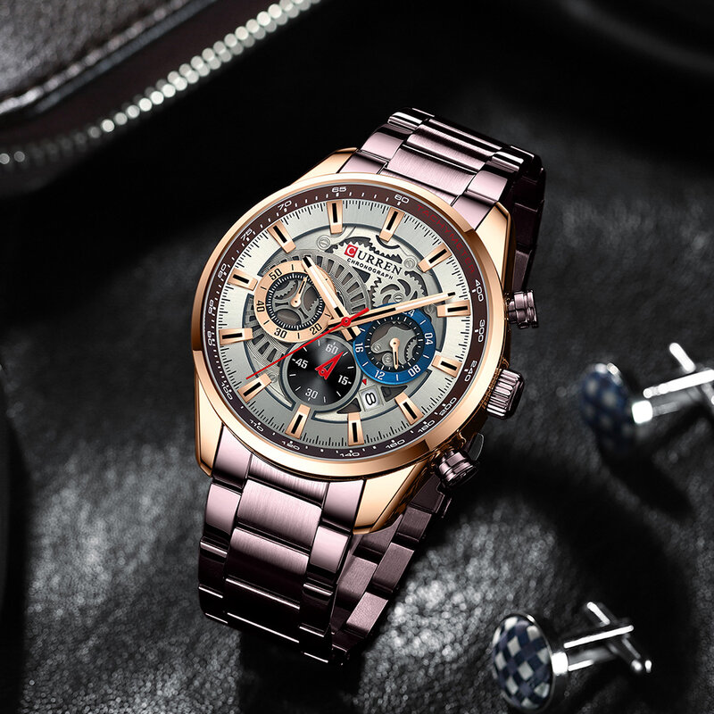 CURREN-Relógios masculinos com aço inoxidável, a quartzo, com cronógrafo, esportivo, marca de luxo, nova moda em relógios de pulso para homens