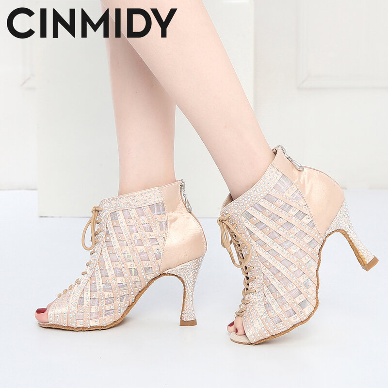 CINMIDY-Botas de baile latino para mujer, zapatos de Samba para baile de salón, tacón alto de malla transpirable, con suela suave, a la moda