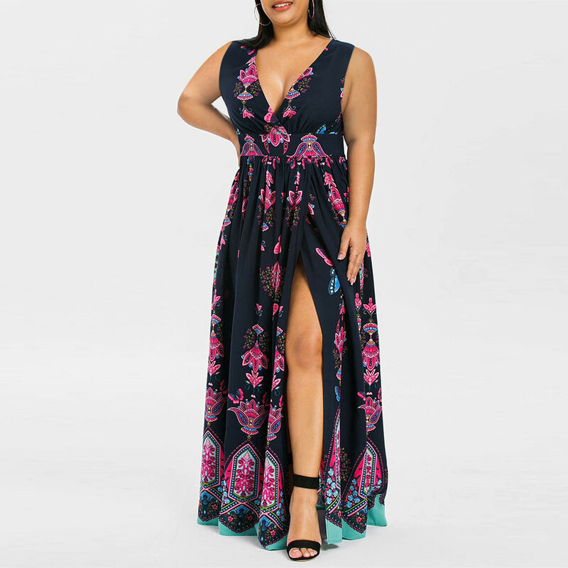 플러스 사이즈 패션 여성 맥시 드레스 나비 프린트 v 넥 민소매 캐주얼 롱 드레스 새로운 대형 캐주얼 비치 드레스
