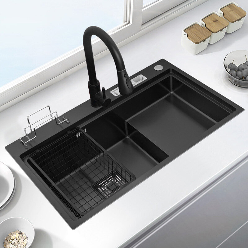 78x46CM Küche waschbecken einzigen schüssel schwarz nanometer 304 edelstahl manuelle waschbecken große trat hohen und niedrigen waschbecken