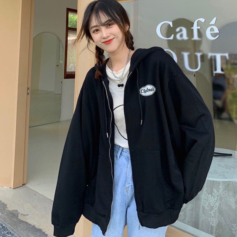Autumn Korean Style Casual Zipper Hooded Long Sleeve Top Fashion Solid Color Loose  Jacket Female Warm Soft Coat