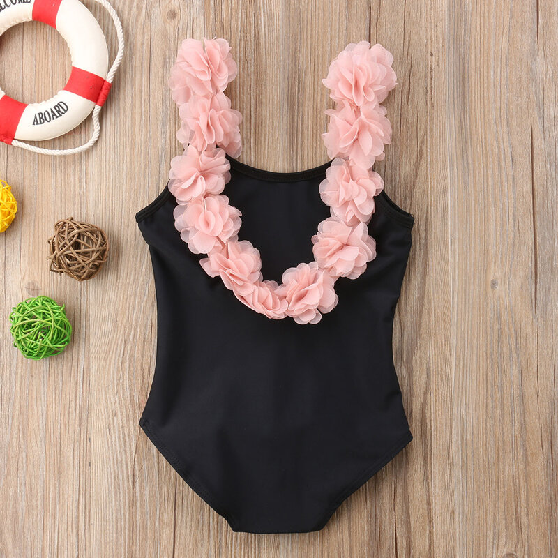 2020 Sweet Girls One Piece Backless Swimsuit Kids Cute Flower Strap Swimwear Children Summer Beach Playing Outfit Bathing Suit
