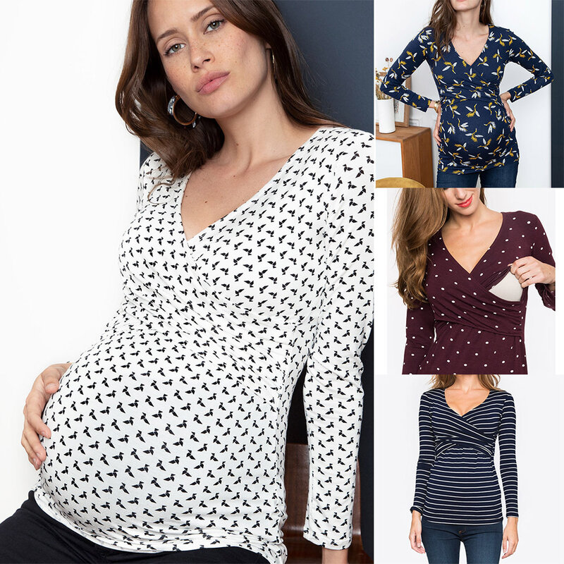 Новинка, женская одежда для беременных, топ для кормящих мам, футболка для мам с длинным рукавом и v-образным вырезом, футболка для грудного в...