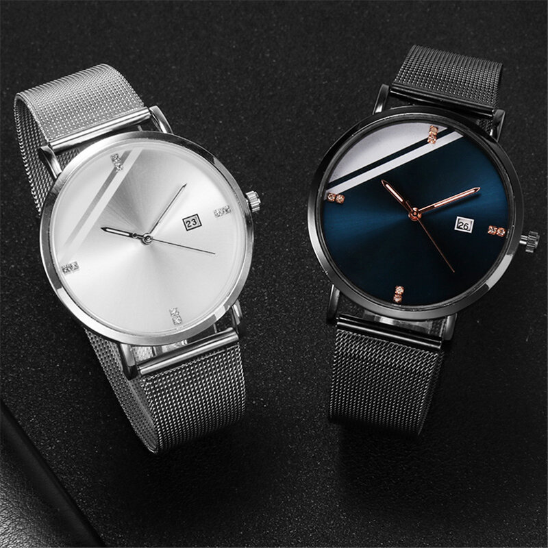 Relógio masculino de quartzo, relógio com strass, data simples, pulseira de aço inoxidável, marca de luxo, relógio masculino erkek kol saati