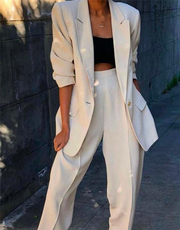 Lady kobiety garnitury zestaw 2019 wiosną i jesienią biały klapa zamknięta Slim profesjonalne 2 sztuka zestaw garnitur damskie spodnie Customi wykonane