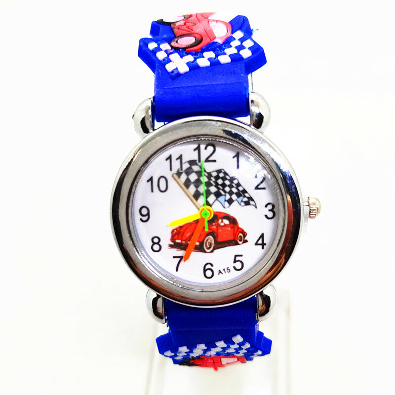 ساعة كوارتز زرقاء برق للأطفال ، مجموعة سيارات كرتونية ، حزام سيليكون للأولاد والبنات ، هدية عيد ميلاد للأطفال