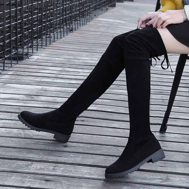 أسود مثير فوق الركبة أحذية النساء الإناث تمتد النسيج الفخذ أحذية عالية الشتاء امرأة طويلة بوتا الأنثوية Zapatos دي موهير
