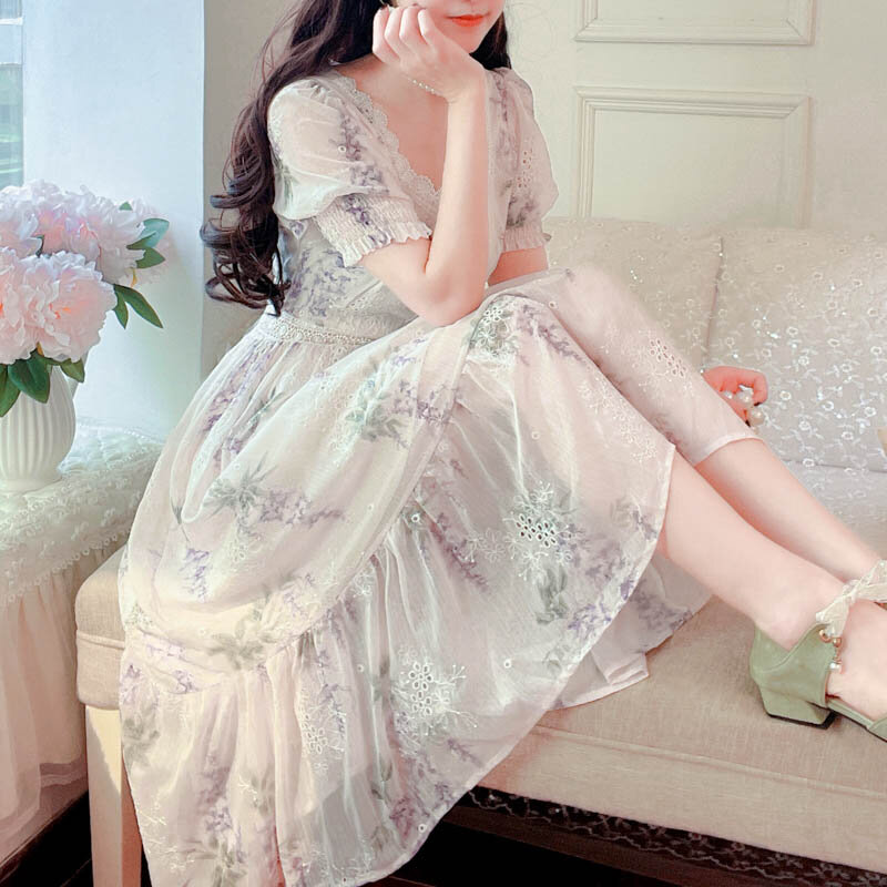Korean Literature And Art Vintage Elegant Chic Dresses Women Casual Lace Hollow Floral Design Dresses 2021 Summer  Square Collar