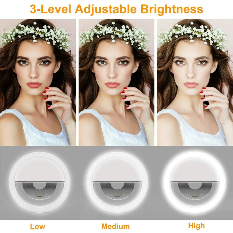 Anillo de luz recargable para selfies, luz para selfies con brillo ajustable de 3 niveles con 36 LED destacados, iluminación suplementaria para mejorar los selfies nocturnos para teléfonos inteligentes