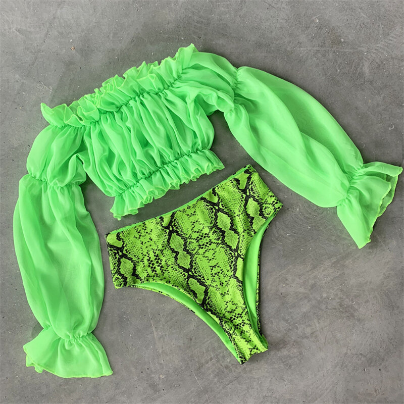 Bañador de leopardo para mujer, traje de baño de gasa de malla de manga larga, Bikini Sexy sin hombros, conjunto de Bikini brasileño 2019