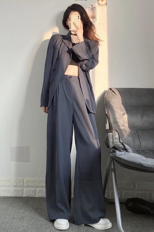 Zestawy damskie ponadgabarytowy płaszcz wierzchni damski wiosenny i jesienny moda cienki kombinezon wysokiej talii cienkie spodnie z szerokimi nogawkami dwuczęściowy komplet