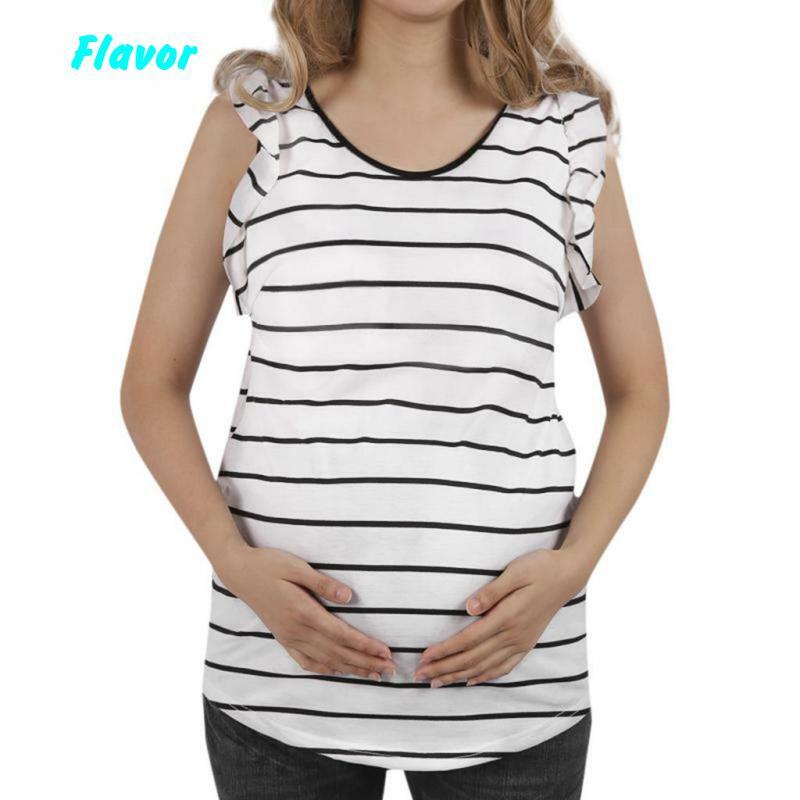Womens Maternity Tops Flying Sleeve Striped Pregnant T Shirts Side Ruched Mama Maternity Clothes Pregnancy Clothes Comfortable