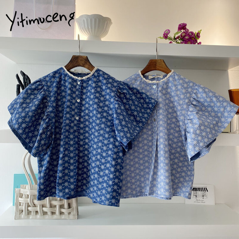 Yitimuceng kwiecista bluzka kobiety koszule Oversized koreański moda latający rękaw urząd Lady jasnoniebieski ciemny niebieski top 2021 lato