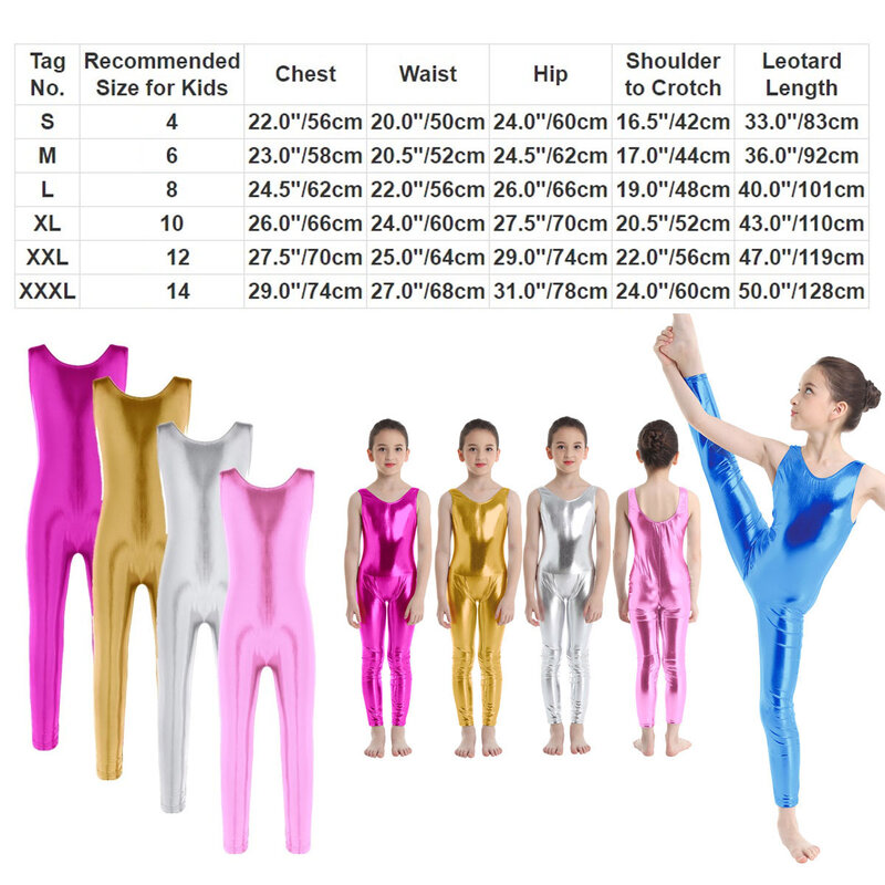 Metaliczny balet z długim rękawem gimnastyka trykot Unitard Kids Girls Shiny pełna długość body Dancewear odzież sportowa