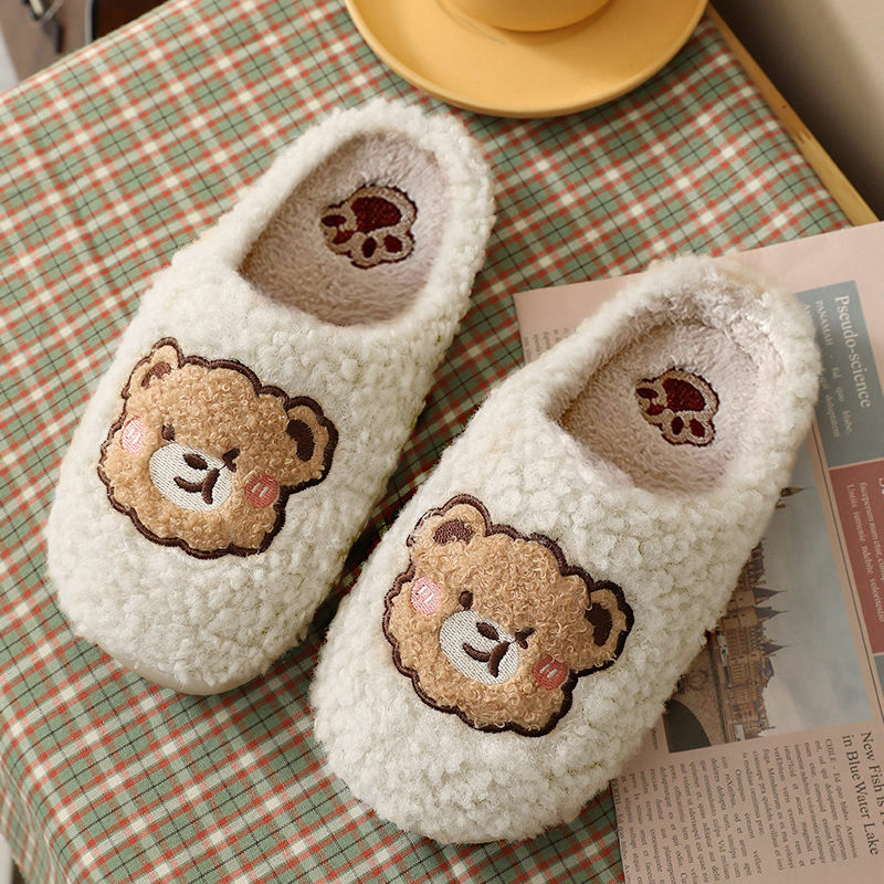 Kawaii Embroidery Bear Home Slippers Women Fashion Couple Soft Indoor Slippers Winter Plush Zapatillas Mujer Warm Ladies Shoes