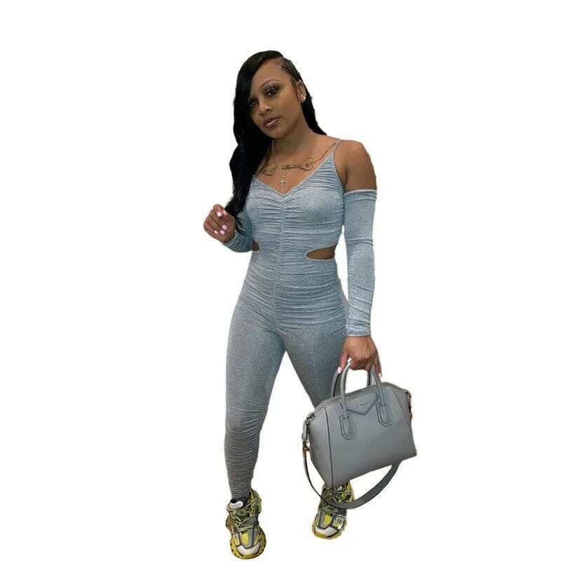 Women's Gray Folds Jumpsuit Fitness Casual Sporty Bodycon Rompers Skinny Elastic Ladies Long Bodysuits 2021 Female Overall