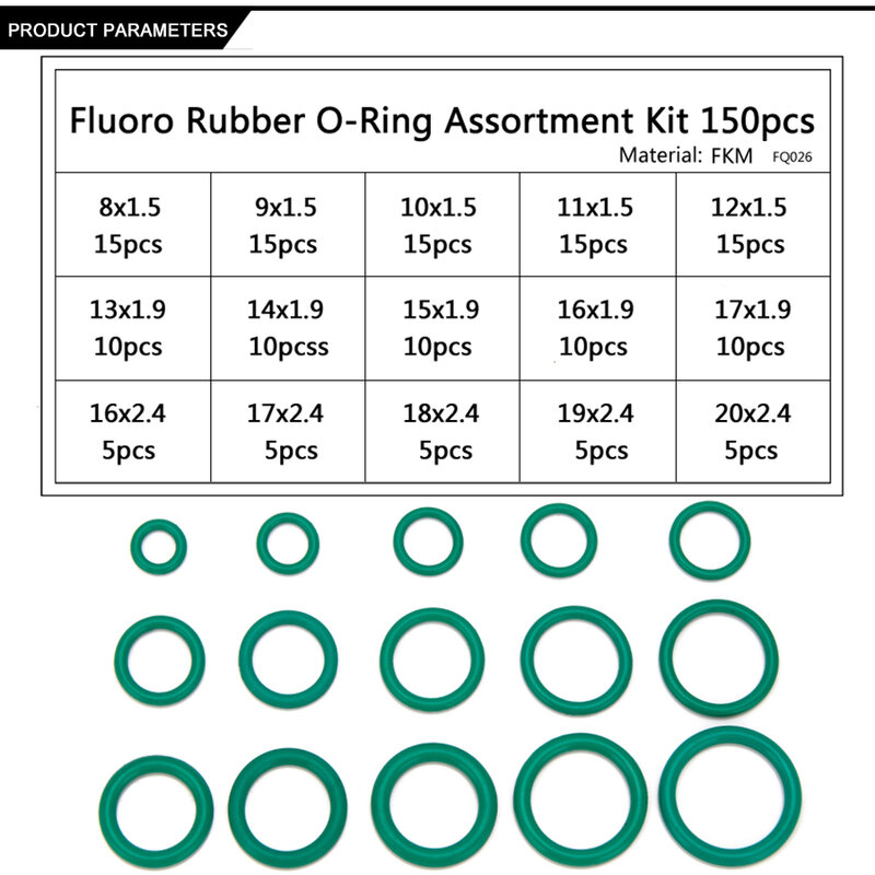 O-ring di tenuta in gomma al fluoro FKM OD 6mm-35mm CS 1mm 1.5mm 1.9mm 2.4mm 3.1mm kit di sostituzione guarnizioni verdi 150-225 pezzi S14