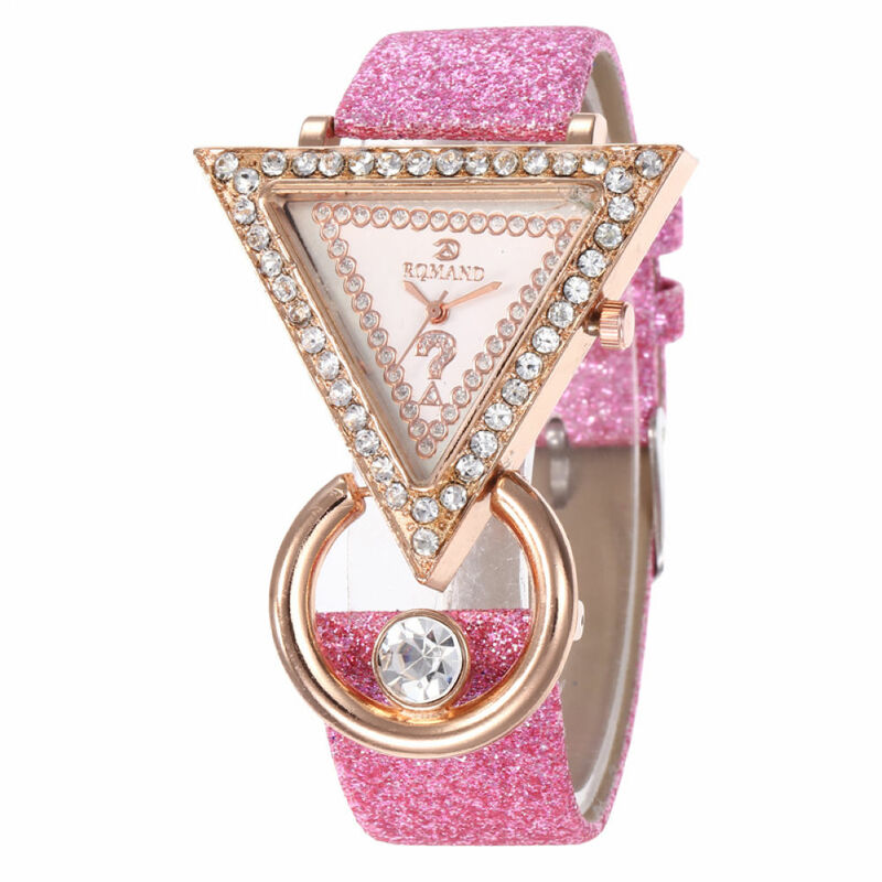Relógio de pulso feminino com pulseira de couro, relógio triangular de strass com pulseira de couro brilhante, relógio de pulso de quartzo embutido para presente de festa