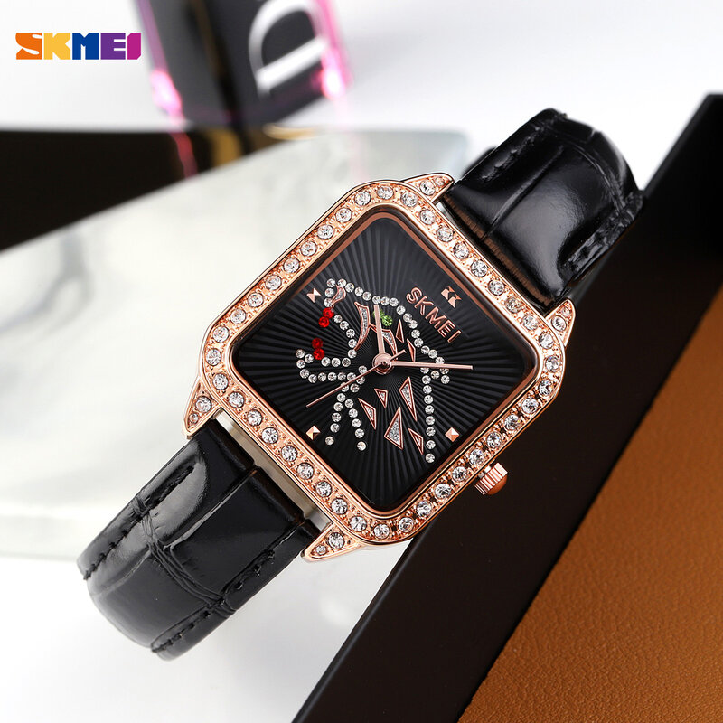 De Lujo Reloj de cuarzo de muñeca para mujeres con diamantes marca SKMEI correa de cuero Vintage vestido Casual relojes pulsera de Reloj de Mujer
