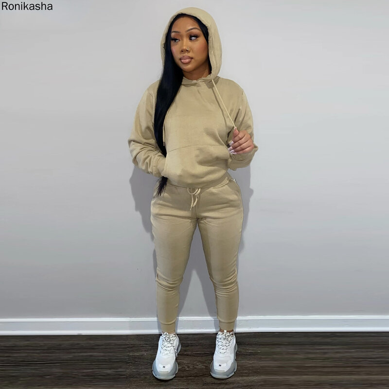 Ronikasha Women Two Piece Set Casual Solid O Neck Pullover Hoodie Pockets Sweatpants Fall Outdoor Sport Jogger Sweatsuit