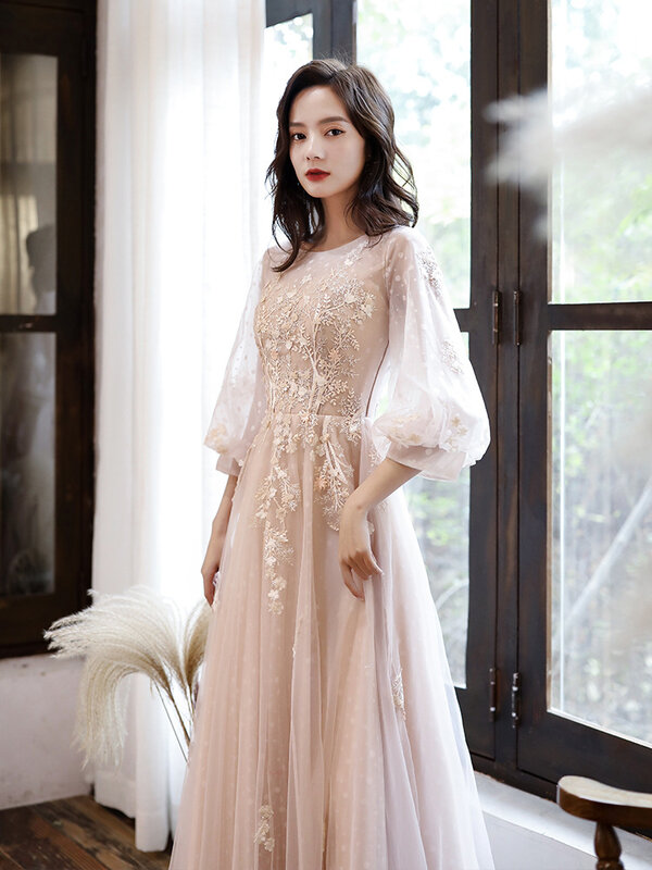 Gaun Malam Merah Muda 2020 Gaun Formal Bunga 3D Appliques Leher-o Ilusi Gaya Baru Gaun Prom Garis A Kontes Couture Couture