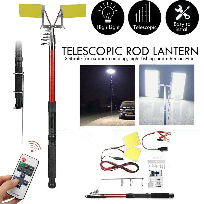 12V Adjustable Telescopic LED Memancing Rod Outdoor Lantern Remote Control Camping Hiking BBQ Perjalanan Lampu Jalan 3.75M