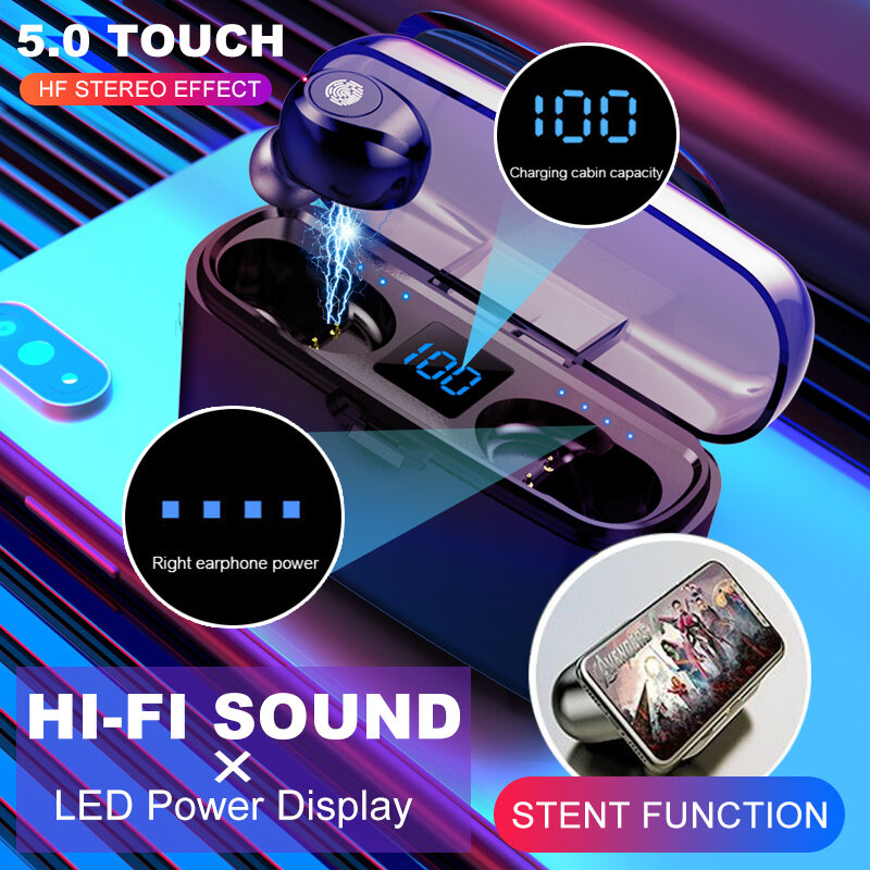 Auriculares TWS inalámbricos por Bluetooth 5,0, cascos con movimiento, pantalla LED, micrófono, Batería Externa de 2000mAh