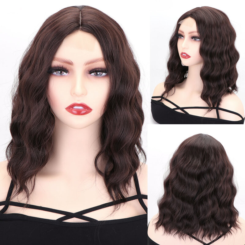 JUNSI-Peluca de cabello sintético ondulado para mujer, pelo corto de color negro con ondas naturales Bob, parte media, resistente al calor, 14 pulgadas