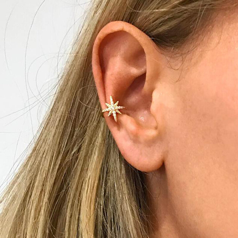 Moda clipe de folha de ouro brinco para mulher sem piercing puck rock estrela cristal do vintage orelha manguito meninas jóias presente 2021
