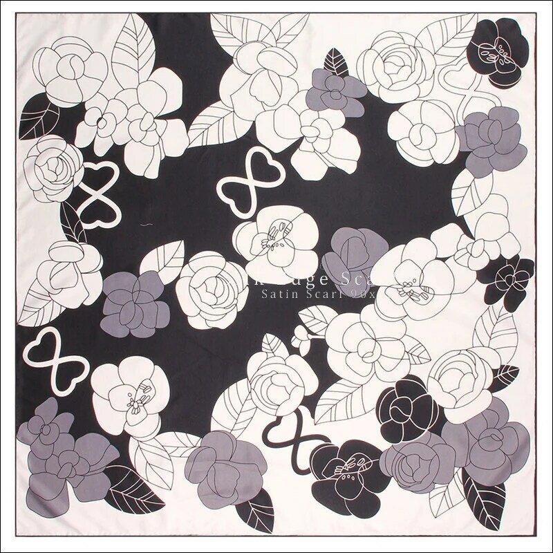 Camellia Print  Designer Square Silk Scarf Manual Rolled Scarf 90cm Silk Scarf Hand Rolled Edges 90CM scarfs