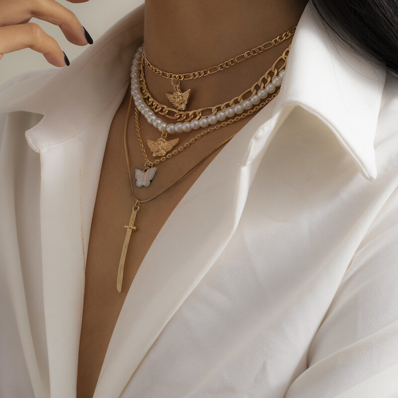 Collar de cadena de serpiente plana para Mujer, Gargantilla con cuentas de perlas, letra inicial del alfabeto, estilo Punk hip hop, cadena colgante para el cuello para Mujer