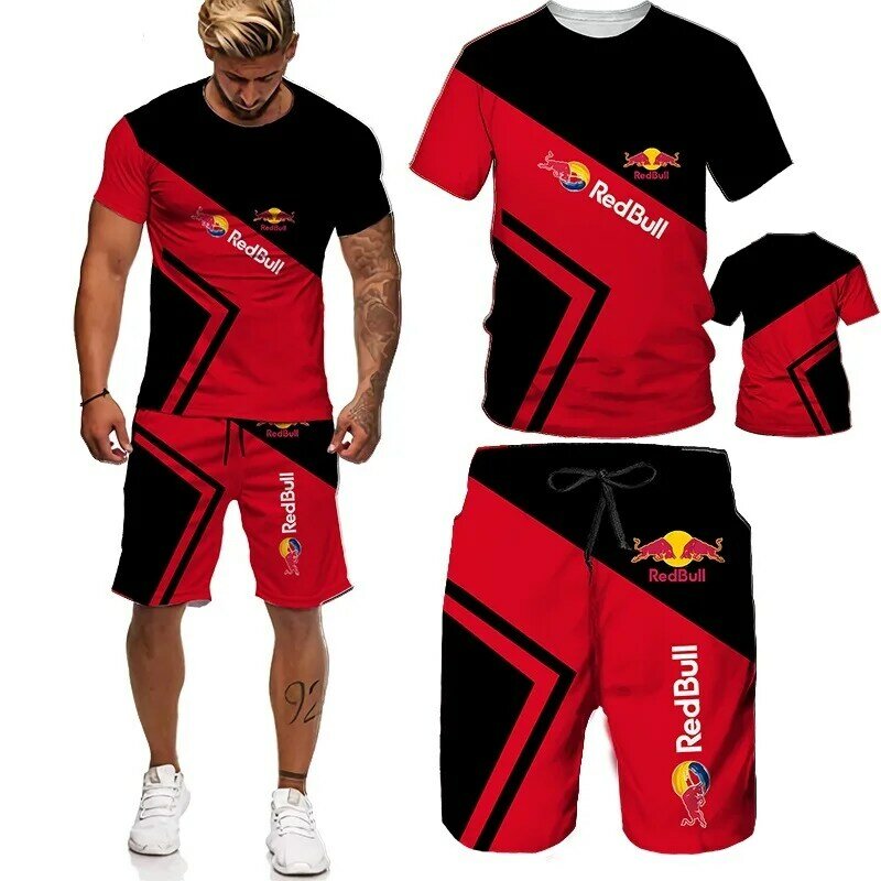 Conjunto de ropa deportiva para hombre, camiseta y pantalones cortos con estampado 3D, chándal con cuello en V, traje de manga corta, verano, 2021