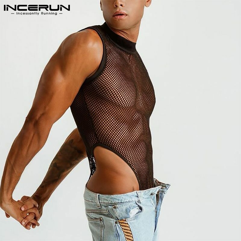 ผู้ชายใหม่แฟชั่นแขนกุดกางเกง Breathable ตาข่ายเซ็กซี่ Leisure Bodysuits Homewear สบายสามเหลี่ยม Jumpsuit S-5XL INCERUN