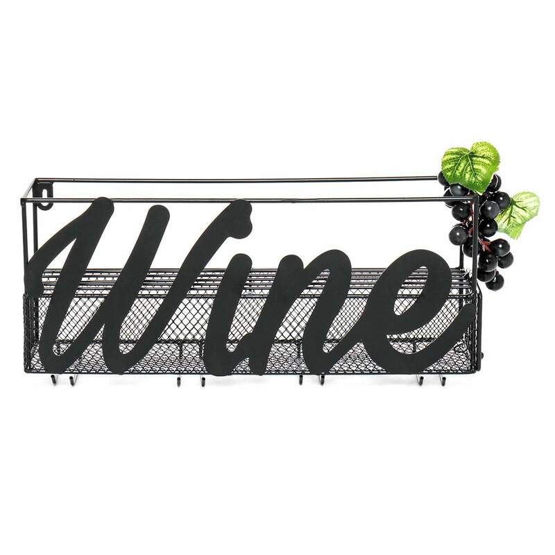 45x13x22cm Wall Mounted Wine Rack Bottle Store Champagne Shelf With 4 Built-in Wine Glass Holders And Extra Cork Tray