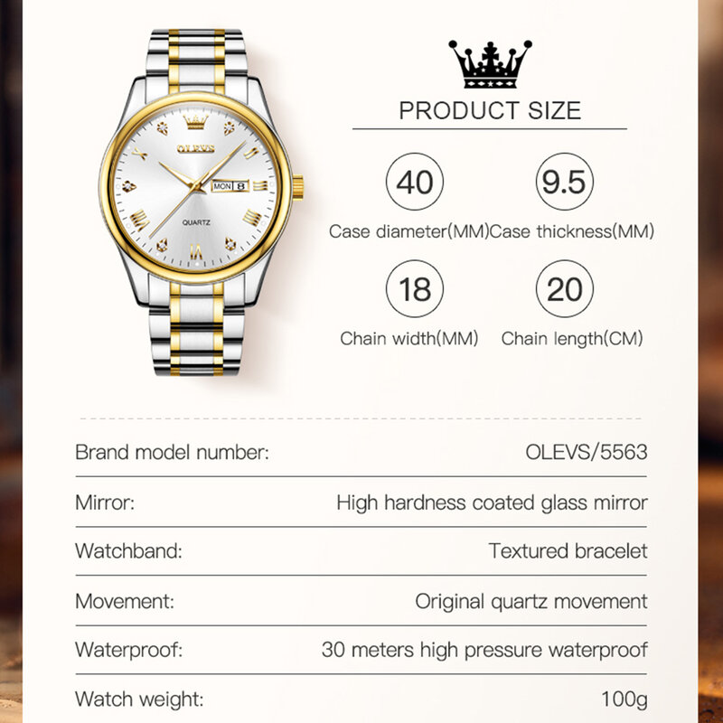 Olevs-relógio de pulso masculino e feminino, à prova d'água, data automática, prata, aço, moderno, casual, quartzo