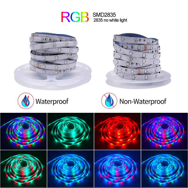 Fitas de led coloridas com controle remoto de 44 teclas, cores rgb 2835, smd, dc, 12v, à prova d'água, 5m, 10m, 15m, 20m