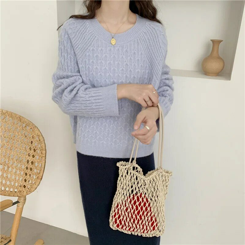 Однотонный простой вязаный женский свитер, пуловер с длинным рукавом и круглым вырезом, повседневные Свободные корейские топы для ленивых, ...