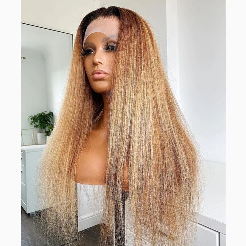 Perruque Lace Front Wig Remy naturelle Yaki, cheveux lisses et longs, ombré 1B27, 13 × 6, u-part, pre-plucked, Ratio moyen, sangle réglable