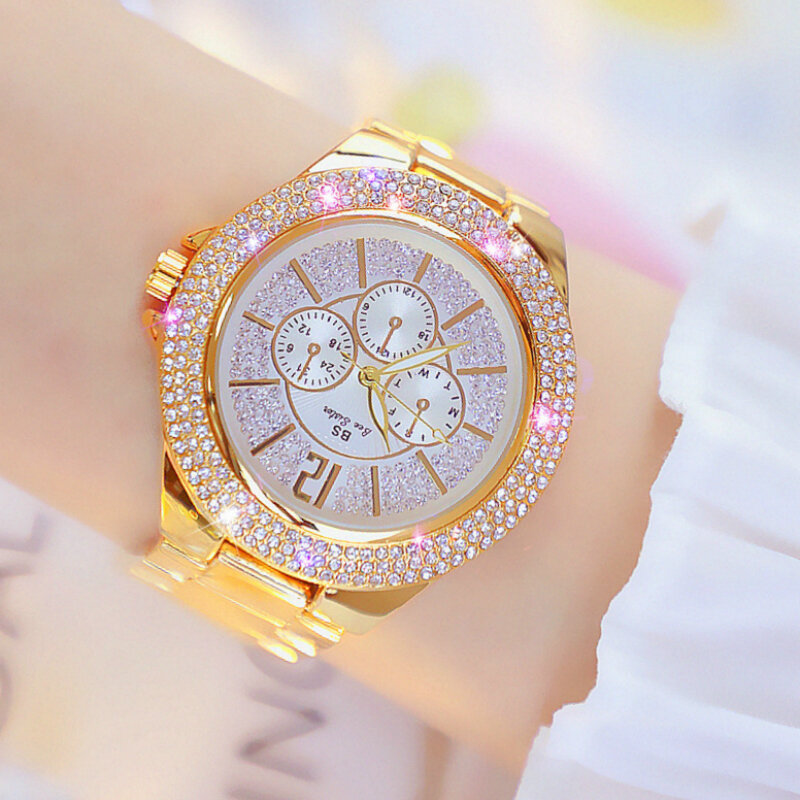Bs新フルダイヤモンド女性の腕時計クリスタルレディースブレスレット腕時計時計relojesクォーツフラワースケルトンレディース腕時計女性115735
