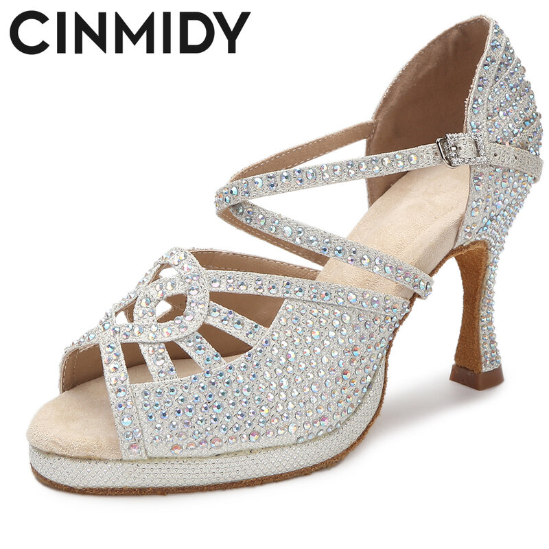 Женские сандалии для латиноамериканских танцев CINMIDY, серебристые туфли на высоком каблуке для бальных танцев и вечеринок