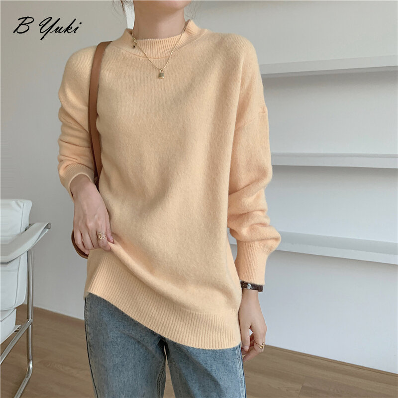 Blesyuki-suéter de punto sólido de gran tamaño para mujer, jerseys informales holgados de cuello redondo, suéter cálido, suéter suave coreano que combina con todo