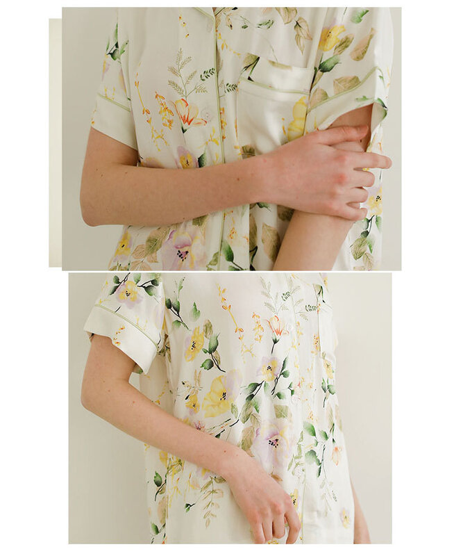 Conjunto de Pijama de dos piezas con estampado Floral para Mujer, pantalones largos de manga corta, Verano