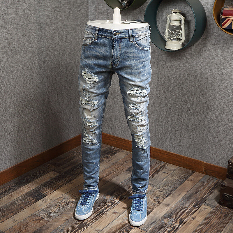 Jeans Pria Fashion High Street Jeans Sobek Warna Biru Muda Celana Punk Pria Desainer Merek Jeans Hip Hop Homme